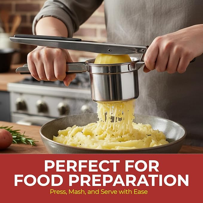 Large Potato Ricer – 304 Stainless Steel Masher & Press with 3 Discs, Reinforced 0.7mm Thick Cup, Ergonomic Silicone Grip, for Smooth & Fluffy Mashed Potatoes