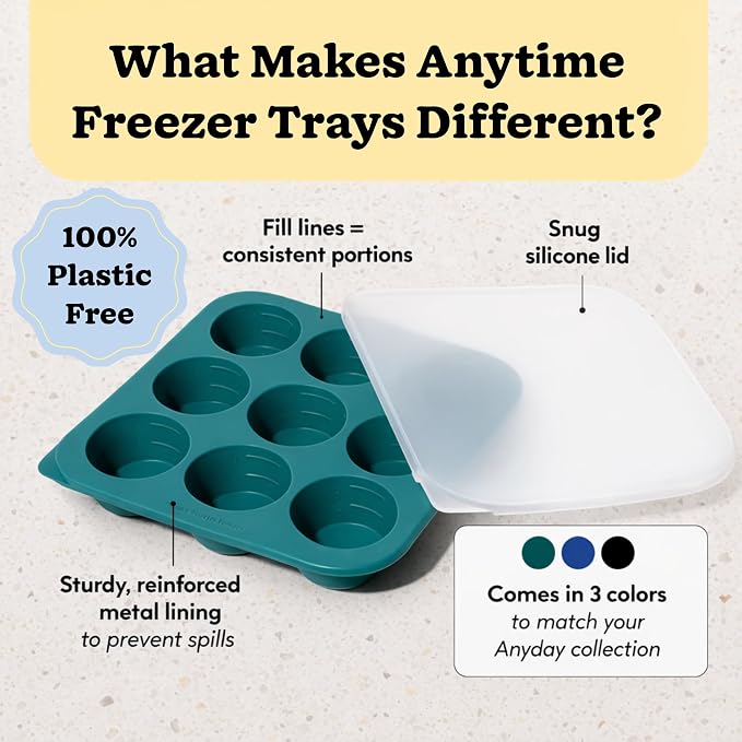 Anyday 2-Tbsp Silicone Freezer Tray with Silicone Lid for Sauces, Purees, Garlic, Herbs, Tomato Paste | Plastic-Free Freezer Molds | 1 Oz Meal Prep Ice Cube Tray Reusable
