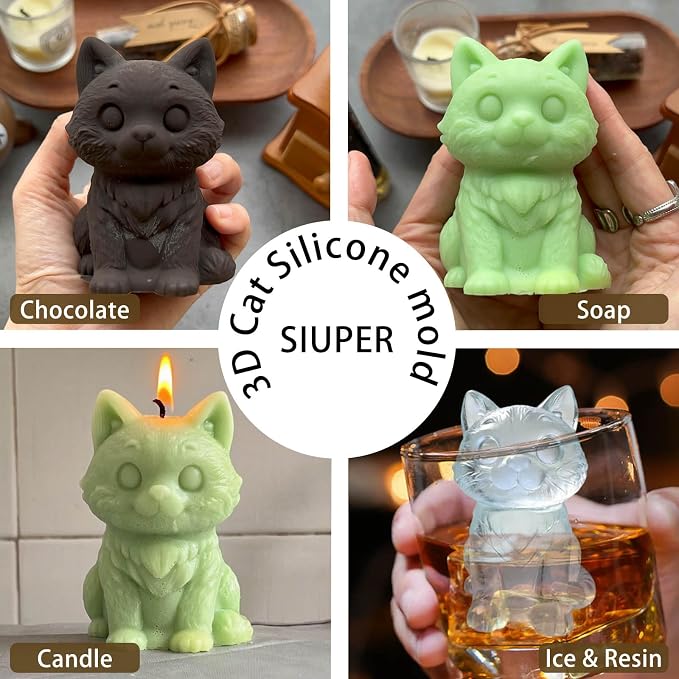 3D Cat Ice Cube Silicone Molds Tray for Whiskey, Cocktail, Drink, Bar; Rich Details. Fun Animal Mold for DIY Craft Taba Squishy Chocolate Soap Candle Resin Gift for Women Girls Boys; 2 Pack