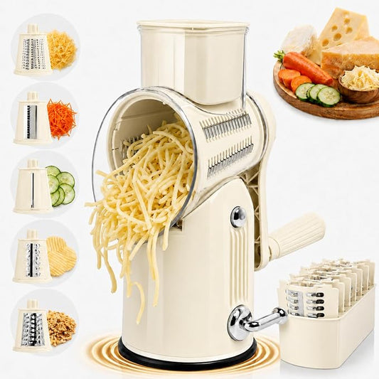 5 in 1 Cheese Grater with Rotary Hand Crank - Vegetable Chopper with Replaceable Stainless Blades, Strong Suction Base, Handle, Blade Storage Box, Easy-Clean Multipurpose Kitchen Slicer (White)