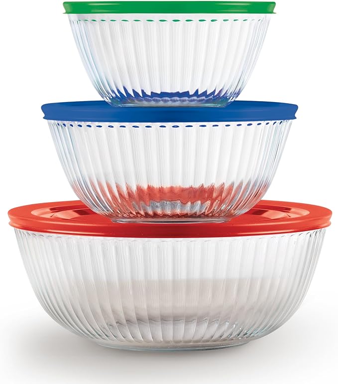 Pyrex Sculpted (3-Pack) Glass Mixing Bowls Set With Plastic Lids