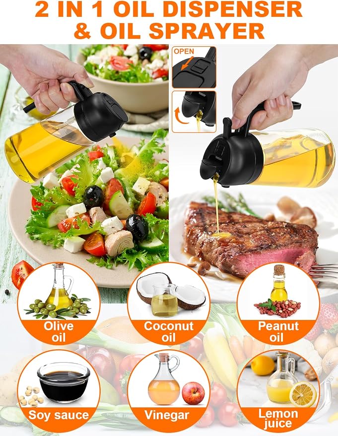 Oil Sprayer for Cooking Oil Oil Spray Bottle Kitchen 2 in 1 Glass Oil Atomiser 470 ml Oil Sprayer Oil Bottle Oil Dispenser for Grilling, Cooking, Salads, Baking, Healthy Food Kitchen Utensils