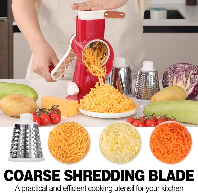 Cheese Grater Cheese Shredder with 3 Interchangeable Blades, Rotary Cheese Grater Manual Vegetable Slicer with Non-slip Suction Base Peanut Nuts Grinder Vegetable Shredder Red