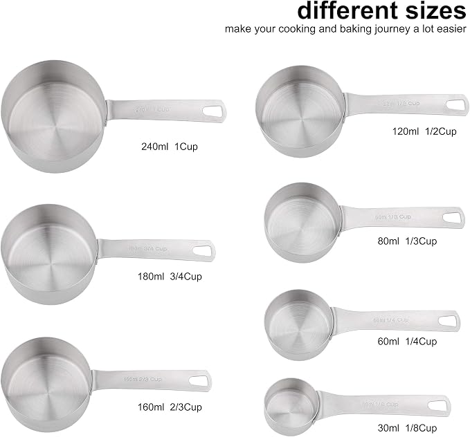 18/8 Stainless Steel Measuring Cups and Spoons Set, Metric & US Metal Measure Cup and Spoon for Baking & Kitchen, Heavy Duty 7 Measuring Cups & 8 Spoons With Leveler