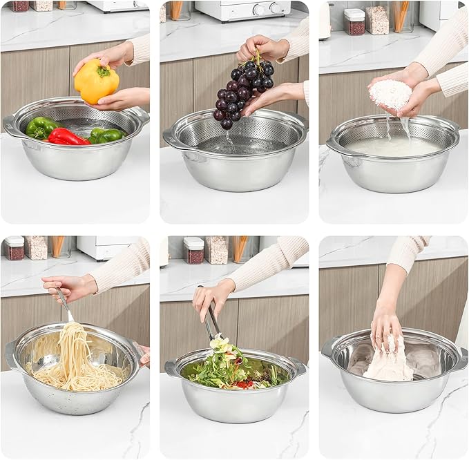 Paoli 304 Stainless Steel Fine Mesh Colander Set, 4QT Large Capacity Strainer with Mixing Bowl — Rinse Fruits, Veggies, Rice & Drain Pasta, Dishwasher Safe (2-Piece)