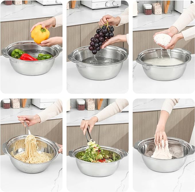 Paoli 304 Stainless Steel Fine Mesh Colander Set, 2QT Large Capacity Strainer with Mixing Bowl — Rinse Fruits, Veggies, Rice & Drain Pasta, Dishwasher Safe (2-Piece)