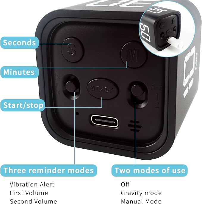 Qumox Pomodoro Timer, Cube Productivity Timer with Adjustable Sound and Vibration Alert, Ideal for Work, Office, ADHD, Study, and Tasks - 5/10/30/60 Minutes & Custom Countdown - Black