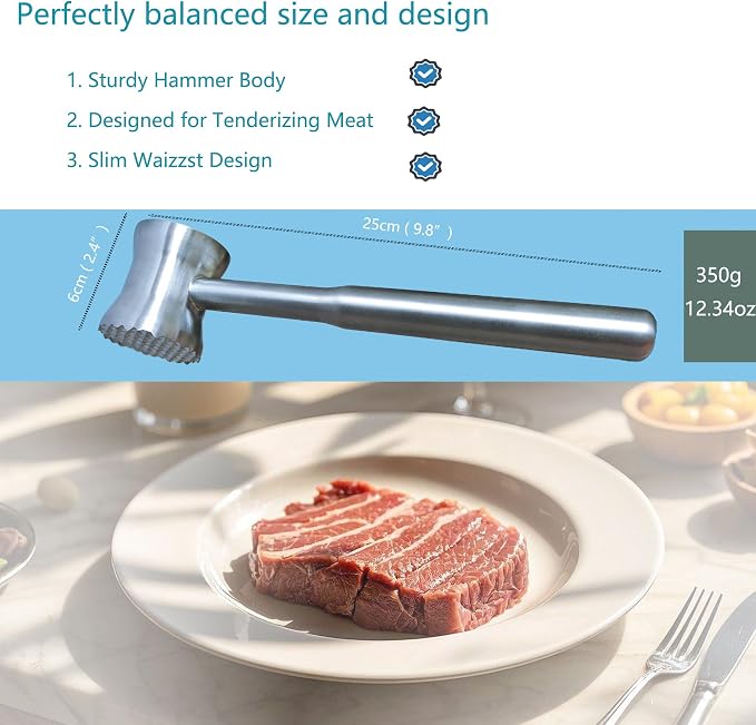 Meat Tenderizer Mallet，304 Stainless Steel ， Kitchen Meat Mallet for Chicken, Veal Cutlet, Steak, Meat Pounder Flattener，Dishwasher Safe