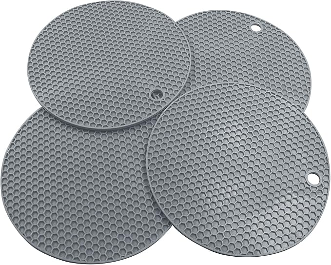 4 Pack Round Silicone Trivet Mats, Gray | Heat Resistant, For Pots, Bowls, and Countertops