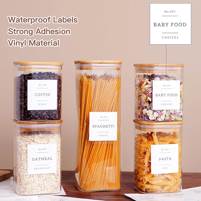 CZZGSM 5 Pack Square Glass Pantry Storage Containers with 132 Kitchen Food Pantry Labels - Clear Glass Jars with Airtight Wood Bamboo Lids - Glass Canisters for Cookies, Nuts, Cereal