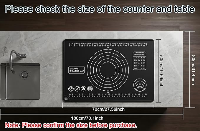 Silicone Pastry Mat 28" x 20" Extra Thick Silicone Baking Mat with Measurements and Edge Heightening Non-stick Food Grade Dough Rolling Mat Kneading Sheet for Pastry, Bread, Cookies (Black)