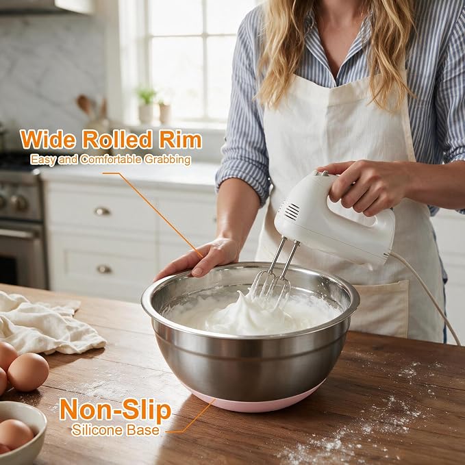 5PCS Stainless Steel Mixing Bowls Set With Non-Slip Silicone Base | 1.5/2/2.5/3.4/5.3Qt, Nesting Space Saving, Heavy Duty, Large Prep Metal Bowl For Mixing Baking, Serving, Kitchen Food Storage