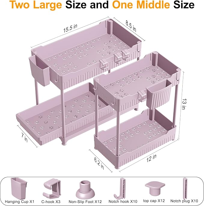 3 Pack Under Sink Organizers, 2-Tier Multi-Use Kitchen and Bathroom Organizers and Storage with Sliding Drawers, Bathroom Cabinet Organizer (Pink, 14.8 Inch) | Multi-use kitchen & bathroom storage, 14.8 inch pink cabinet organizer, space-saving sliding...