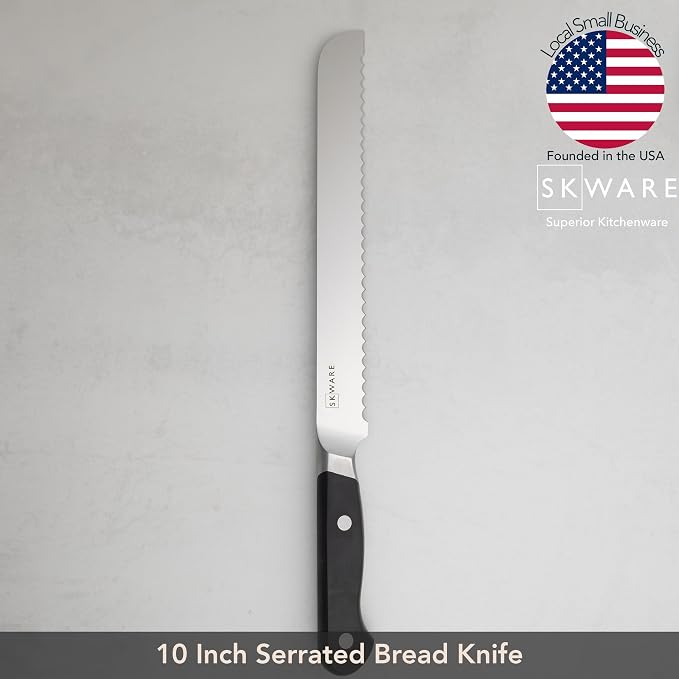SKWARE Bread Knife - 10 Inch Long Bread Slicer Knife - Premium Serrated German Stainless Steel - Sharp, Deep, Wide Serrations for Optimal Bite - Black