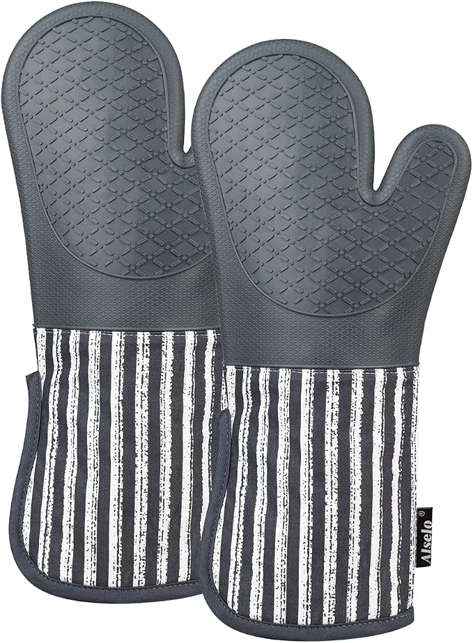 Alselo Silicone Oven Mitts Heat Resistant 932℉ with Waterproof & Non-Slip Kitchen Mittens, Set of 2 Extra Long Oven Gloves with Soft Cotton Terry Lining for Baking Cooking Barbecue