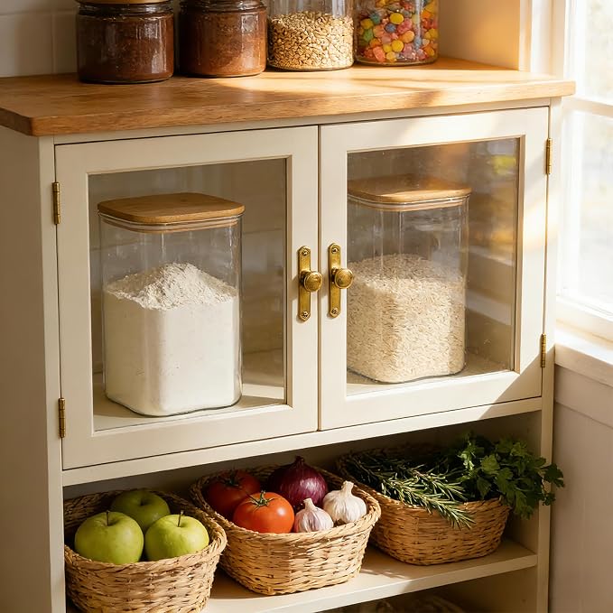 KEYWING 1.2 Gallon Glass Flour Storage Containers with Bamboo Lids, 2 Pack | Large Square Pantry Jar, Big Wide Mouth Canisters for Sugar, Rice, Cereal, Pasta & Coffee Beans