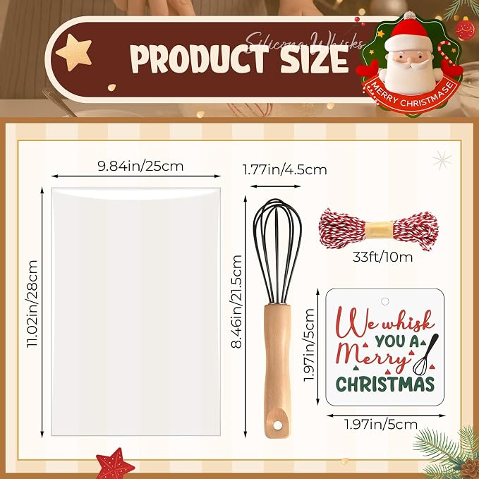 Baderke 20 Sets Baking Gifts Set Includes 8 Inch Silicone Whisk with Wood Handle Wired Stainless Steel Whisk Set Greeting Cards Plastic Bags for Party Birthday Christmas Stuffers Gift(Black)