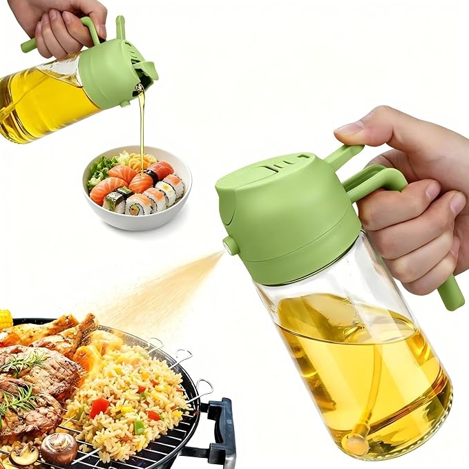 2 in 1 Olive Oil Spray Bottle, 470ml/16oz Glass Oil Sprayer for Home and Kitchen, Olive Oil Dispenser Bottle for Air Fryer, Salad, BBQ (Green)