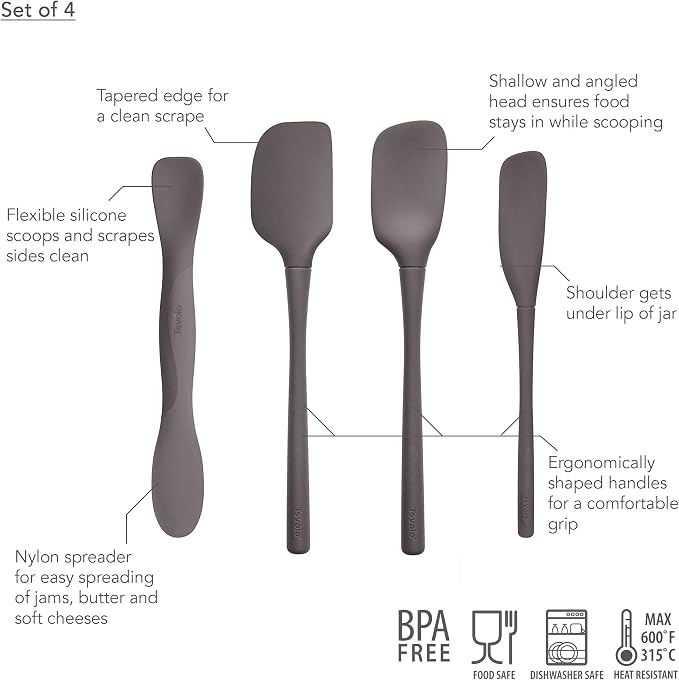 Tovolo Silicone Kitchen Utensils Set for Cooking and Baking, Flex Core Spatula Spoonula Jar Scraper and Scoop Spread, Nonstick Safe BPA Free Dishwasher Safe Silicone Cooking Utensils Set, Charcoal