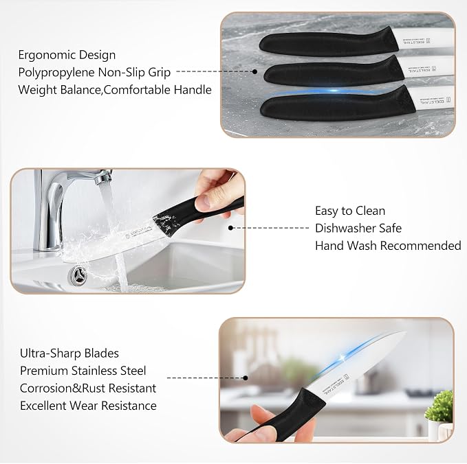 Paring and Garnishing Knife Set of 12,Premium Paring Knives,Stainless Steel Vegetable&Fruit Knife,PP Plastic Handle Cutting Knifes,Sharp Small Knife Set,Black,Spear Point