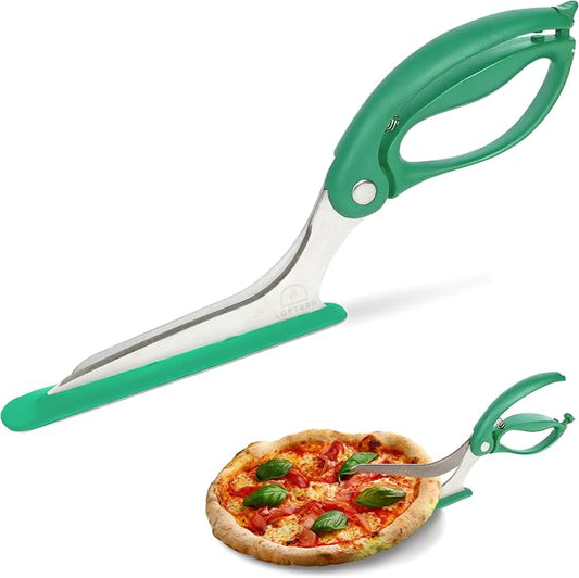 Pizza Scissors - Non-Stick Pizza Scissors with Firm Grip Base - Food Grade Stainless Steel Pizza Cutter - 5-in-1 Food Slicer & Pizza Server - Durable, Safe & Mess Free - Green
