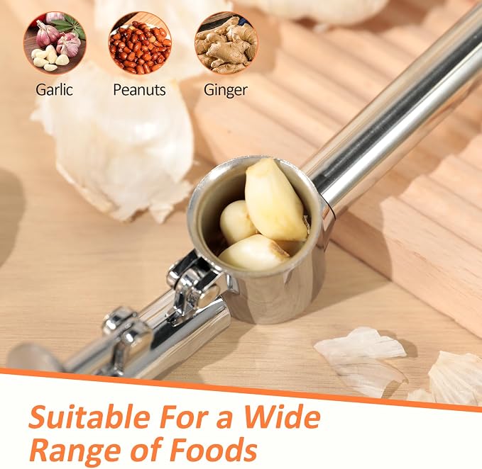 VINATO Stainless Garlic Press, Stainless Steel Kitchen Utensils, Garlic Crush for Kitchen with Peeler and Cleaning Brush, Professional Manual Chopper and Practical Kitchen Gadget