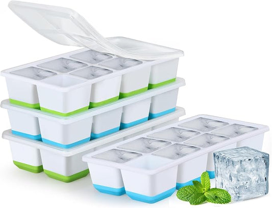 Large Ice Cube Trays with Lid, Jrisbo 2 Pack Stackable Silicone Ice Cube Molds for Freezer, Easy Release 16 Big Square Ice Trays for Whisky Cocktails (2 Blue 2 Green)