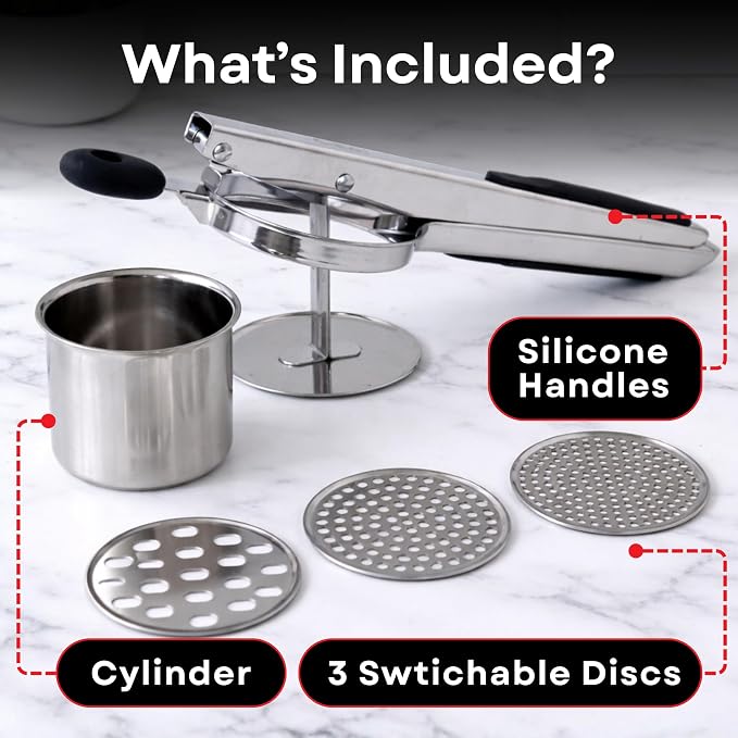 Large 15oz Potato Ricer with 3 Interchangeable Discs - Professional Stainless Steel Masher for Fluffy Mashed Potatoes, Gnocchi & Guacamole - Ergonomic Silicone Handles, Heavy Duty & Dishwasher Safe