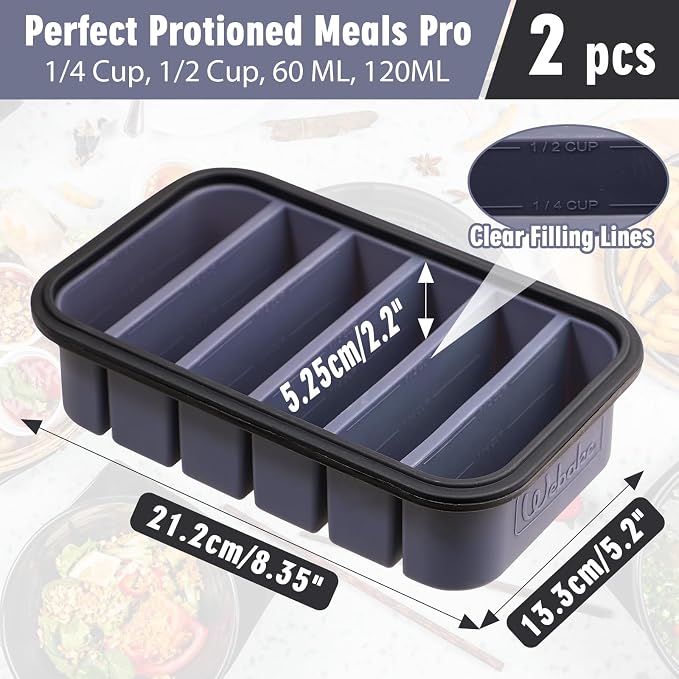 Webake 1/2 Cup Premium Silicone Freezer Trays with Clip-Lock Plastic Lids, Pack of 2 | Easy-Release Molds for Soup, Broth, Fruits & Leftovers, Perfect for Meal Prep & Food Storage