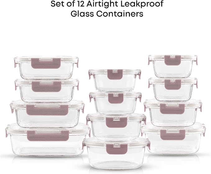 JoyJolt 24pc Borosilicate Glass Storage Containers with Lids | 12 Airtight/Freezer Safe Food Storage Containers for Pantry and Kitchen | Meal Prep Container for Lunch | Glass meal Set