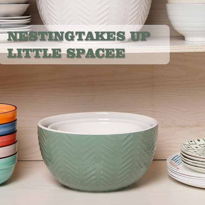 HAPPY KIT Ceramic Nesting Mixing Bowls, Set of 3 Avocado Green | Serving Bowls Set For Kitchen, Large 5/3/1.5 Quart Bowl Set of 3, Prep Nesting Bowl, For Baking and Mixing Salad