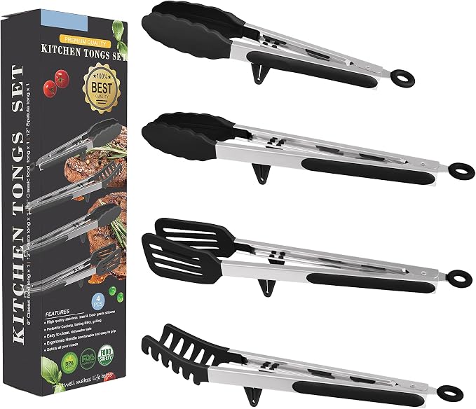 4in1 Stainless Steel Kitchen Food Tongs Set for Cooking with Silicone Tips, Toaster Steak Pie Pizza Pasta Spaghetti Noodles Salad Fruit Vegetable Grill BBQ Buffet Clamp Serving Tools Gadgets