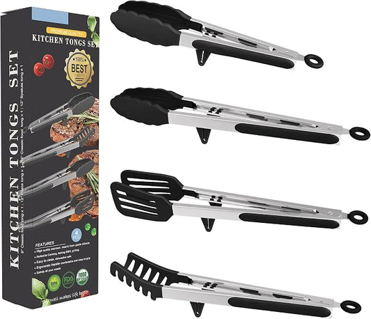 4in1 Stainless Steel Kitchen Food Tongs Set for Cooking with Silicone Tips, Toaster Steak Pie Pizza Pasta Spaghetti Noodles Salad Fruit Vegetable Grill BBQ Buffet Clamp Serving Tools Gadgets