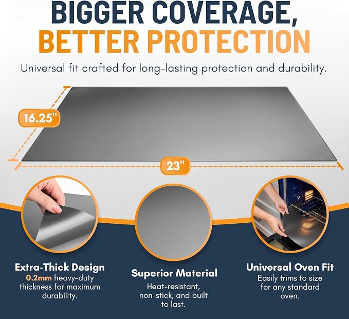 Oven Liners for Bottom of Oven - 3 Pack Large Heavy Duty Mats, 16.25”x23” Non-Stick Reusable Liner for Electric, Gas, Toasters, Grills - BPA & PFOA Free Kitchen Accessory to Keep It Clean (Silver)