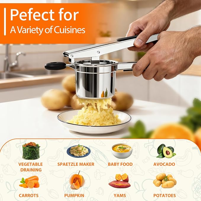 Potato Ricer, Ricer for Mashed Potatoes, 3 Replaceable Discs Potato Masher Stainless Steel for thin/medium/thick Fluffy Mashed Potatoes, Heavy Duty Spaetzle Maker, Dishwasher Safe