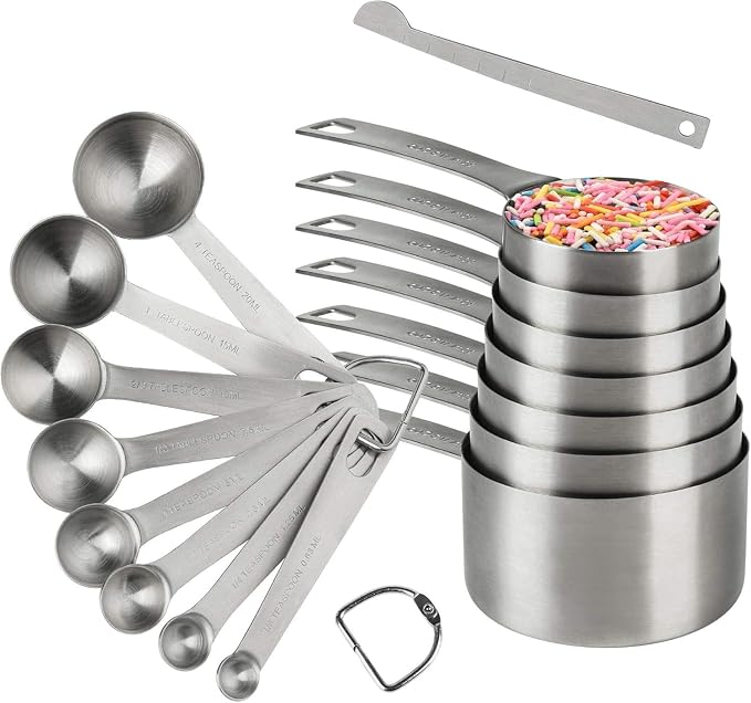 18/8 Stainless Steel Measuring Cups and Spoons Set, Metric & US Metal Measure Cup and Spoon for Baking & Kitchen, Heavy Duty 7 Measuring Cups & 8 Spoons With Leveler