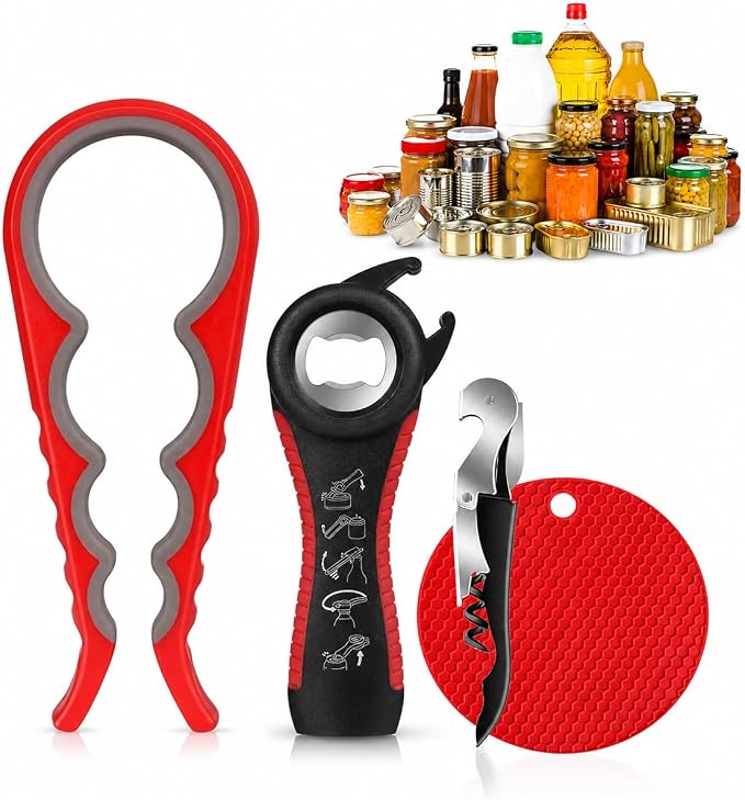 Jar Opener Bottle Opener for Weak Hands, Seniors with Arthritis 4PC-Set - Jar Lid, Can & Water Bottle Opener, Corkscrew Wine Opener, Non-Slip Rubber Jar Opener & Gripper Pad - Gifts for Parents