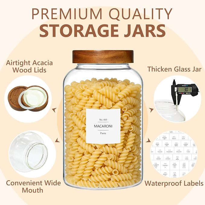 KEYWING 1 Gallon Glass Jars w/Acacia Lids for Flour & Rice Containers 2Pcs | Large Wide Mouth Airtight Food Storage Containers, Pantry Kitchen Organizer for Egg Sugar Cereal -3800ml with 126 Labels