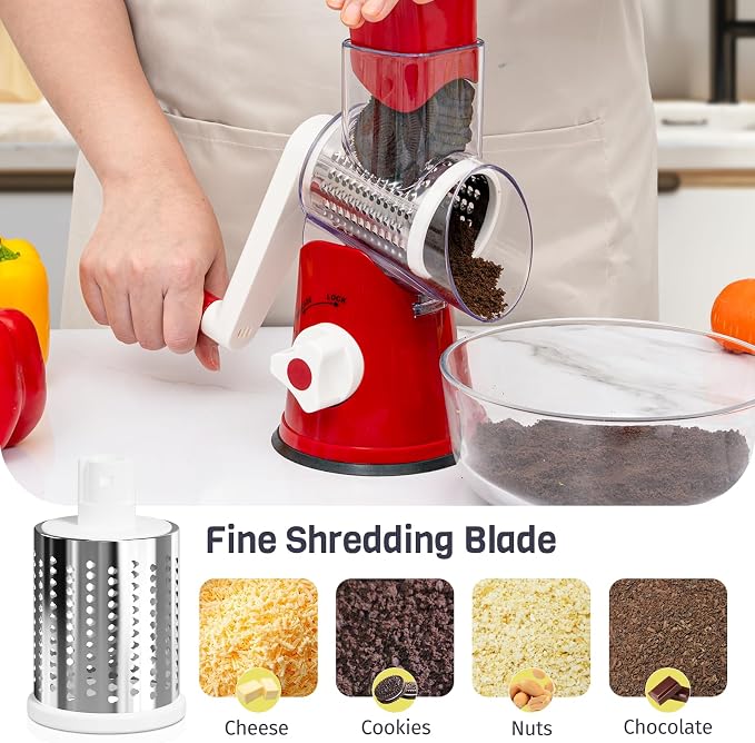 Cheese Grater Hand Crank, Rotary Cheese Shredder with 3 Interchangeable Blades for Coarse, Fine Shredding and Slicing, Strong Suction Base for Pizza, Pasta, Salad, Vegetables, Nuts, Chocolate