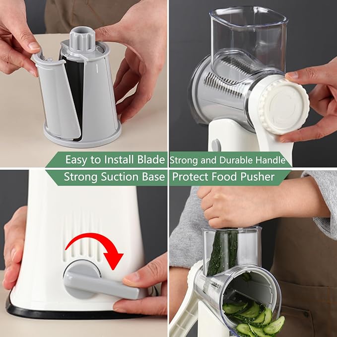 Rotary Cheese Grater: 5 in 1 Cheese Grater with Handle Vegetable Slicer with 5 Interchangeable Blades, Storage Box, Green Cheese Shredder with Strong Suction Base for Kitchen (White)