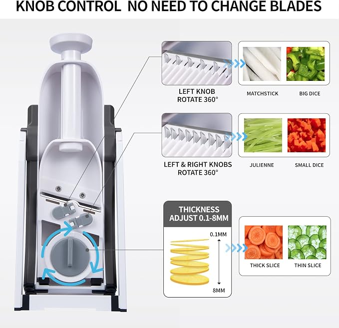 QYKIC Safe Mandoline Slicer,Vegetable Potato Slice Food Cutter for Kitchen,Thickness Adjustable Upright Veggie Chopper for Fast Meal prep (Gray)