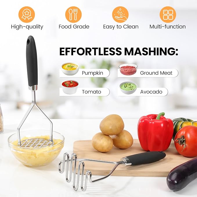 2Pcs Potato Masher Set with Silicone Handle, Premium Stainless Steel Potato Masher, Integrated & Wire Masher for Potatoes, Avocado, Vegetables and Baby Food