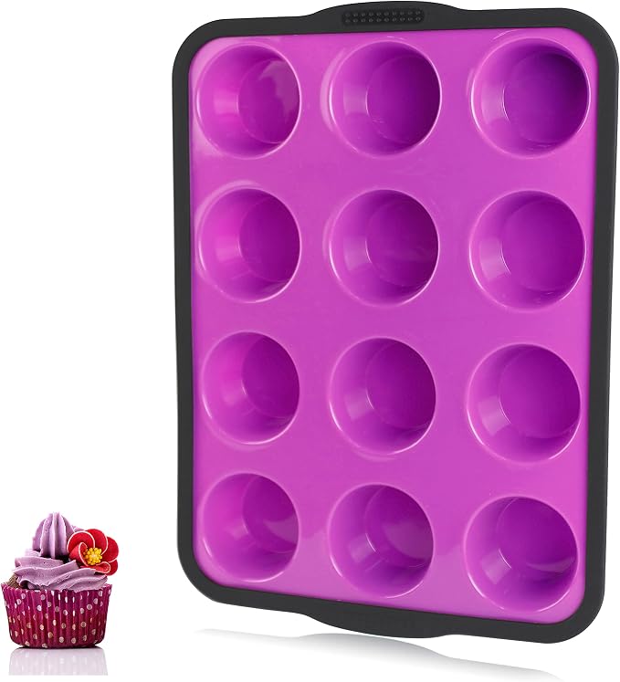 Aichoof Non-Stick Silicone Muffin Pan With Reinforced Stainless Steel Frame Inside,12 Cup Regular Muffin Baking Mold, 12 Cup Muffin Tin, BPA Free,Dishwasher Safe, Purple