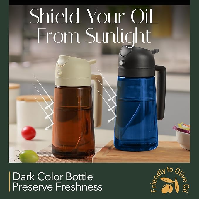 YARRAMATE 16oz/470ml Light-Blocking Dark Oil Sprayer for Cooking (Black) | 2 in 1 Olive Oil Dispenser Bottle for Kitchen, Premium Blue Glass Oil Bottle, Food-Grade Oil Mister for Air Fryer, BBQ
