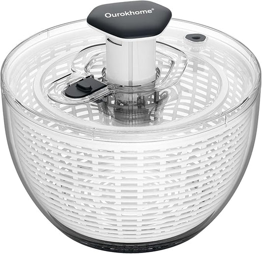 Ourokhome 6.3 QT Salad Spinner with Fully Removable Lid, Large Lettuce Dryer with One-Hand Press Pump, Instant Stop Brake Button and Retractable Handle, Vegetable Washer & Spinner for Greens and Herbs