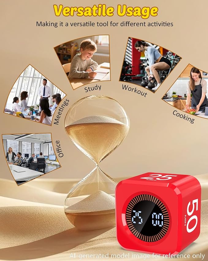Digital Pomodoro Timer Cube 5/10/25/50min, Visual Productivity Flip Timer for Kids Classroom Desk, Custom Countdown, Silent and Sound Mode for ADHD Study Work Game Kitchen (Red)