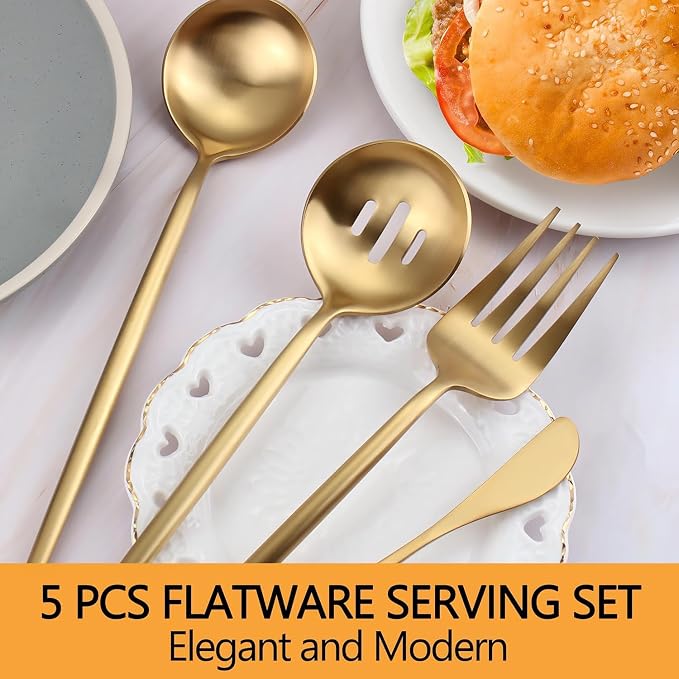 Gold Stainless Steel Serving Utensils Set, 5 Pcs - 10.8 Inch Serving Fork, 10.3 Inch Slotted Spoon, Sugar Spoon, Butter Knife for Buffet