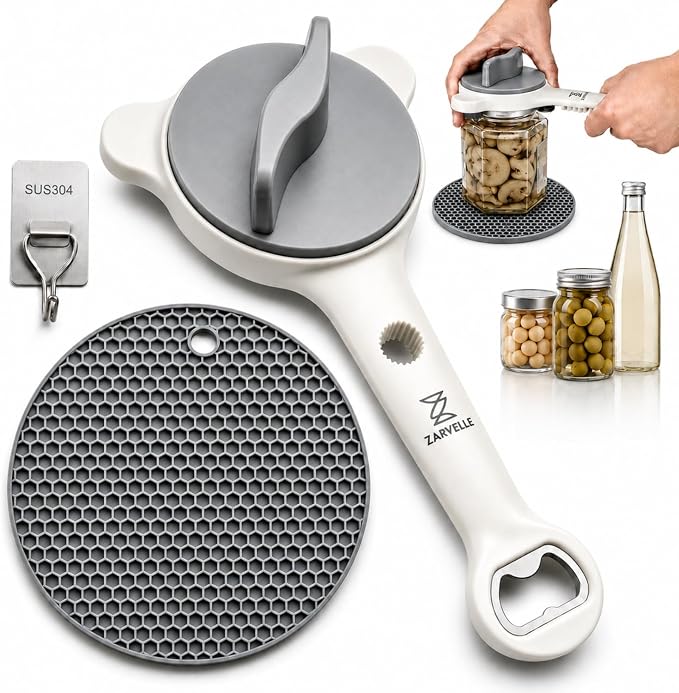 Jar Opener for Seniors with Arthritis & Weak Hands, 4-in-1 Adjustable Lid & Bottle Opener Set with Non-Slip Silicone Grip Pad & Stainless Steel Hook, Easy Twist Kitchen Gadget for Elderly (Grey)