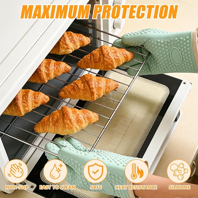 2Pack Heat Resistant Oven Mitts for Grilling and Baking, Non-Slip Silicone Gloves, Waterproof Kitchen Mitts with Flexible Fit & Easy to Clean Design, White