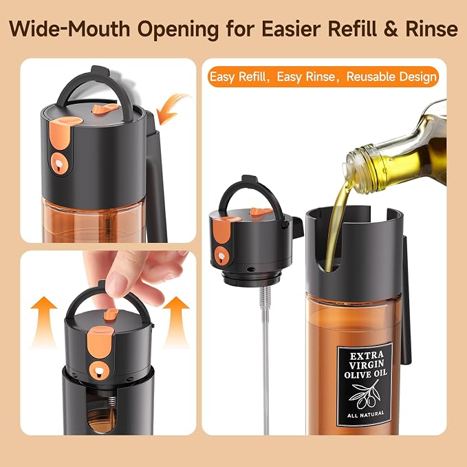2-Pack 2-in-1 Oil Sprayer & Dispenser Dark Glass Fine Mist No-Drip | Two 500ml dark glass bottles for BBQ, salad, outdoor meals, oil & vinegar; food-safe, 304 filter, wide-mouth refill/cleaning.